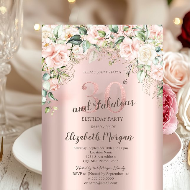 Boho Blommor Rosor Roséguld 30-års Födelsedag Inbjudningar (Skapare uppladdad)