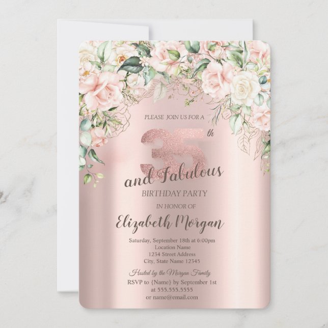 Boho Blommor Rosor Roséguld 35-årsdag Inbjudningar (Framsida)