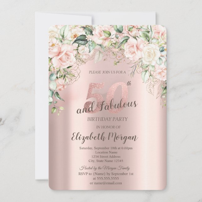 Boho blommor Rosor Roséguld 50-årsdag Inbjudningar (Framsida)