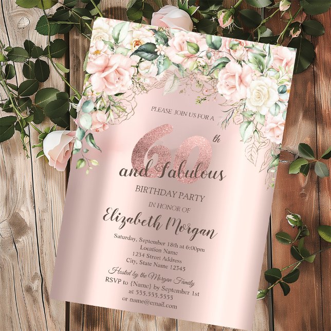 Boho blommor Rosor Roséguld 60-årsdag Inbjudningar (Skapare uppladdad)