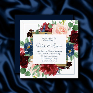 Boho Blommor Rustik marinblå och burgunderkrans Inbjudningar