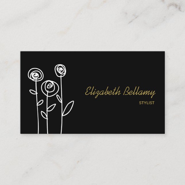 Boho blommor svart och vitt minimalistiskt visitkort (Framsida)
