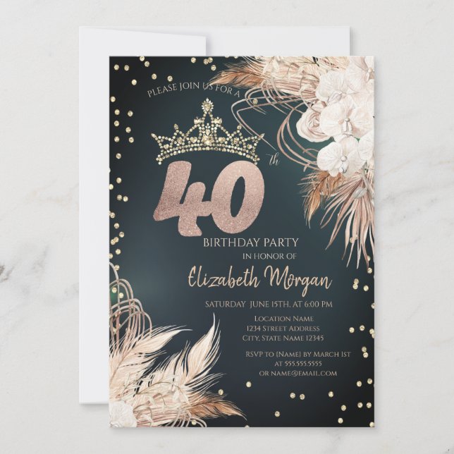 Boho Blommor Tiara Diamanter Grön 40-årsdag Inbjudningar (Framsida)