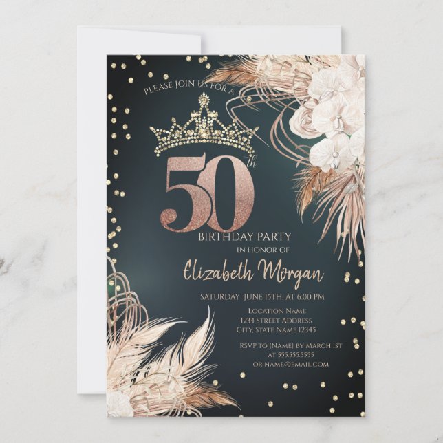 Boho Blommor Tiara Diamanter Grön 50-årsdag Inbjudningar (Framsida)