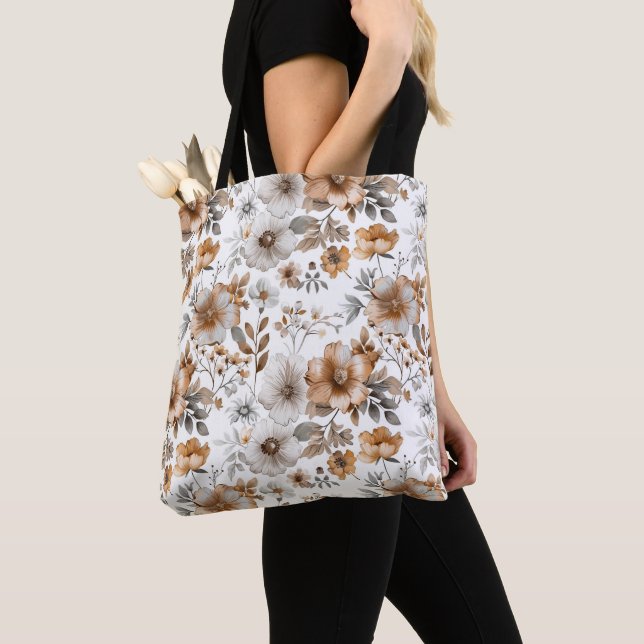 Boho blomster grå brun neutral färg vattenfärg tygkasse (Närbild)