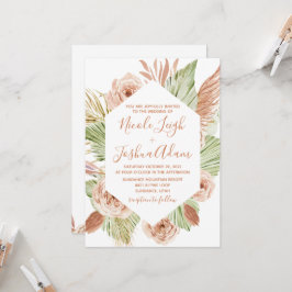 Boho blomster-, palm- och pampas-terrakotta bröllo inbjudningar