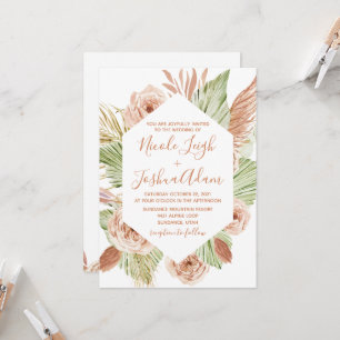 Boho blomster-, palm- och pampas-terrakotta bröllo inbjudningar