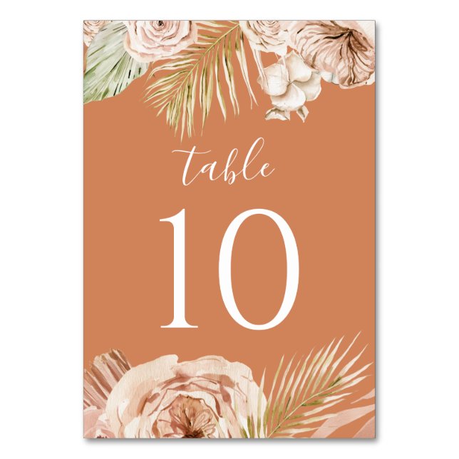 Boho blomster, palm och pampas terrakotta bröllop bordsnummer (Baksidan)