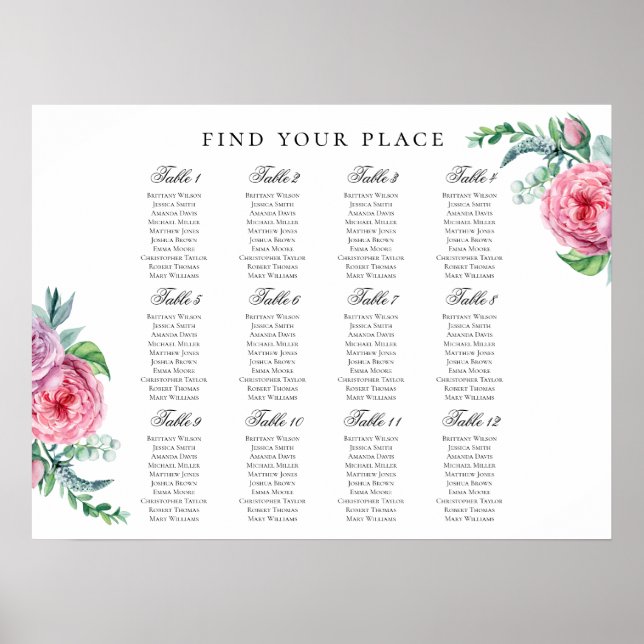 Boho blomster sittplatskarta tryck. Bohemisk bröll Poster (Framsidan)