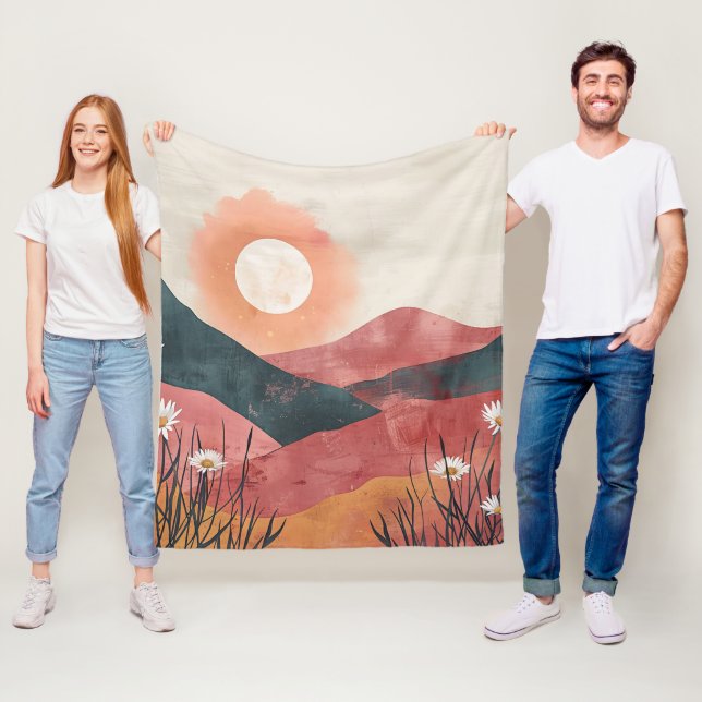 Boho blomsterbergssolnedgång – Rustik natur Fleecefilt (På plats)