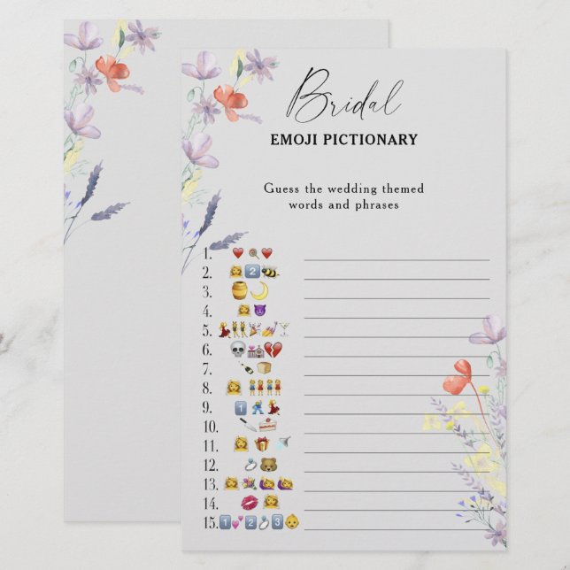 Boho blomsterbröllopsfest emoji pictionary spel (Fram/baksida)