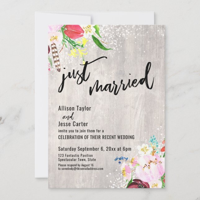 Boho Blomsterrankor Rustik Trä Nyss Gifta Fest Inbjudningar (Framsida)