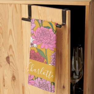 Boho Blomsterträdgård Gul Personlig Namn Kökshandduk