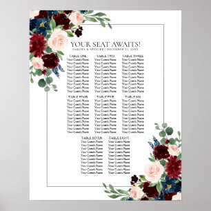 Boho Bloom Blåsätesdiagram för burguny och marin Poster