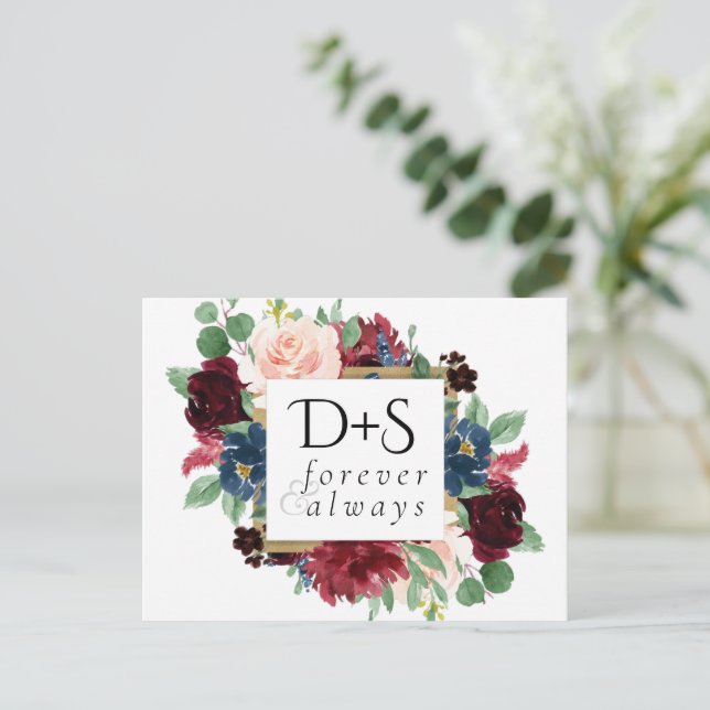 Boho Bloom | Burgundy Navy Monogram Spara datum Meddelande Vykort (Stående Fram)