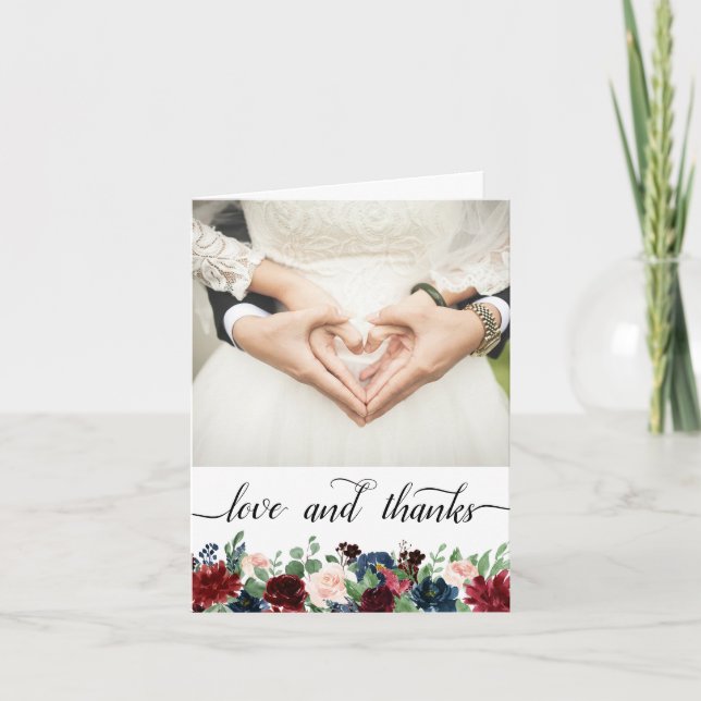 Boho Bloom | Burgundy och Navy 2 Photo Kärlek och Tack Kort (Framsida)