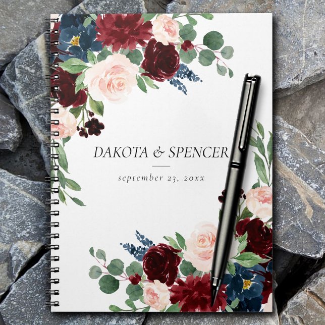 Boho Bloom | Burgundy Red and Navy Blue Anpassning Anteckningsbok (Skapare uppladdad)