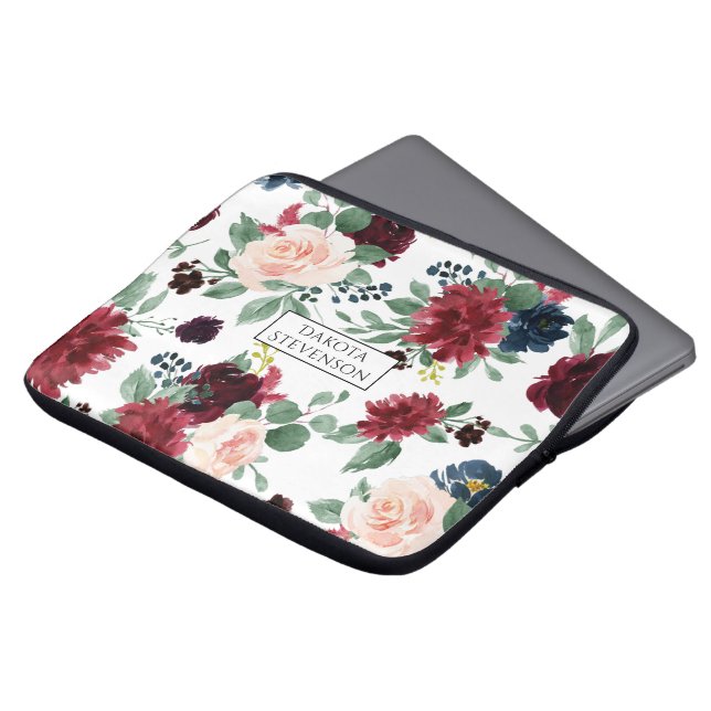 Boho Bloom | Burgundy Red and Navy Blue Anpassning Laptop Fodral (Framsida topp)
