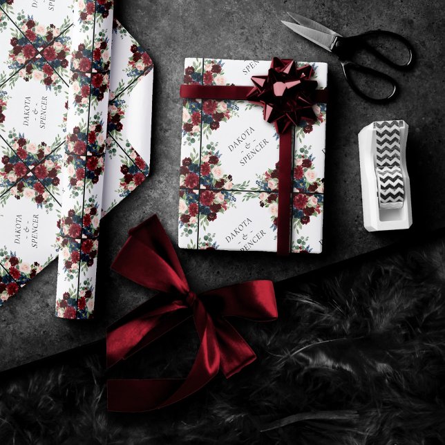 Boho Bloom | Burgundy Red and Navy Blue Anpassning Presentpapper (Skapare uppladdad)