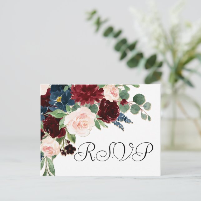 Boho Bloom | Burgundy Red and Navy Blue Meal OSA Vykort (Stående Fram)