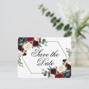 Boho Bloom Burgundy Red and Navy Save Date Vykort