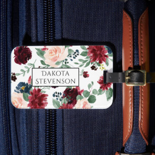 Boho Bloom Burgundy Red och Navy Blue Monogram Bagagebricka