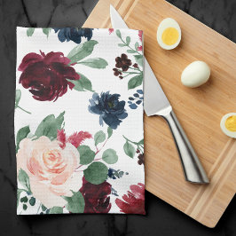Boho Bloom | Burgundy Red och Navy Blue Mönster Kökshandduk