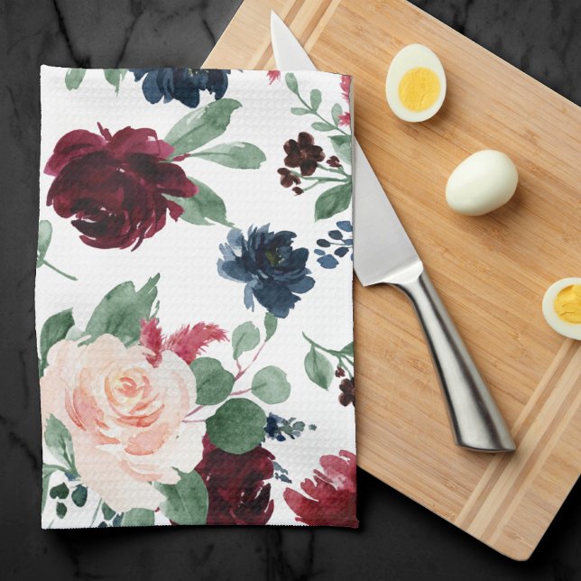 Boho Bloom | Burgundy Red och Navy Blue Mönster Kökshandduk (Skapare uppladdad)