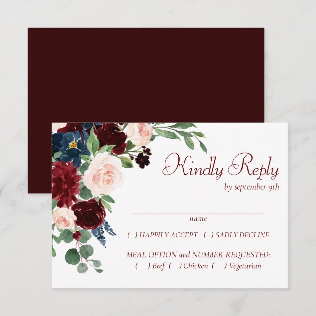 Boho Bloom | Elegant Burgundy and Navy Blue Entree OSA Kort (Fram/baksida)