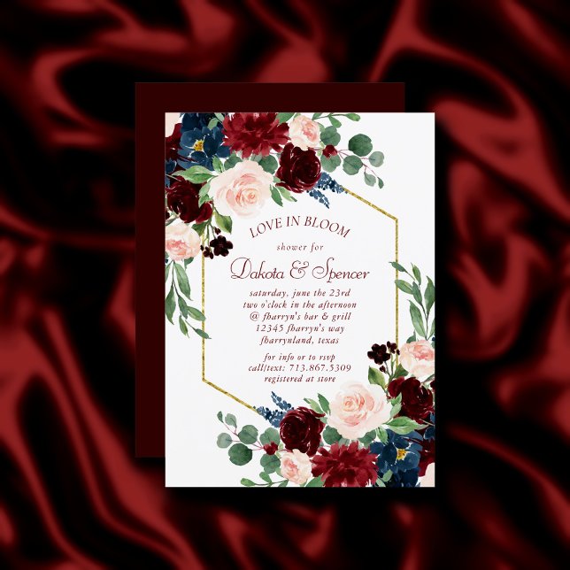 Boho Bloom | Elegant Burgundy and Navy Blue Shower Inbjudningar (Skapare uppladdad)