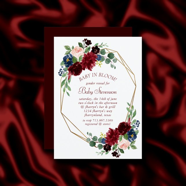 Boho Bloom | Elegant Burgundy and Navy Blue Shower Inbjudningar (Skapare uppladdad)