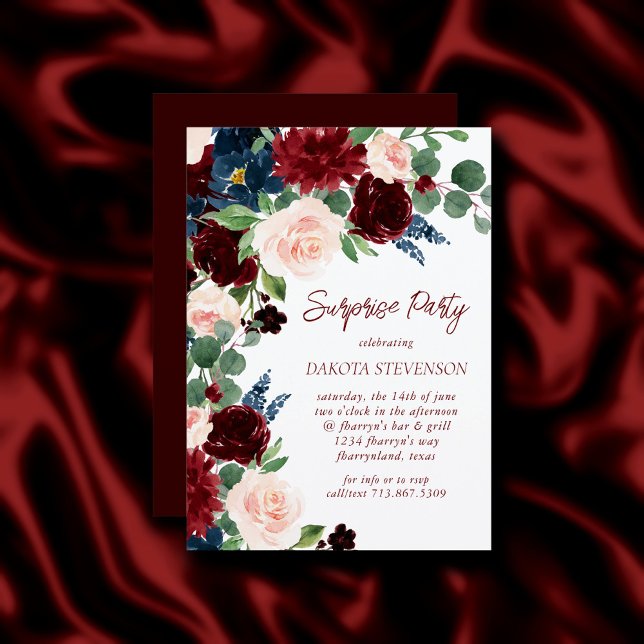 Boho Bloom | Elegant Burgundy and Navy Blue Wand Inbjudningar (Skapare uppladdad)