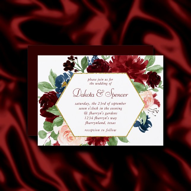 Boho Bloom | Elegant Burgundy and Navy Blue Wand Inbjudningar (Skapare uppladdad)