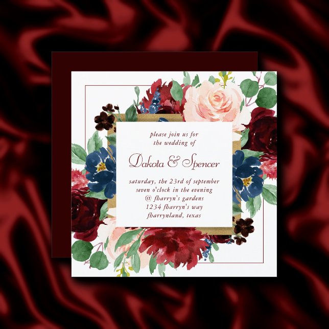 Boho Bloom | Elegant Burgundy Red Square Ram Inbjudningar (Skapare uppladdad)