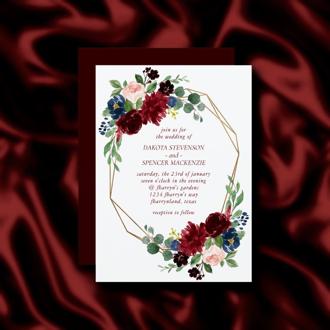 Boho Bloom | Elegant Marsala Red Blommigt Guld Ram Inbjudningar (Skapare uppladdad)