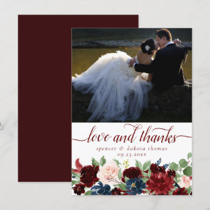 Boho Bloom Elegant Marsala Red Photo Kärlek och Tack Kort