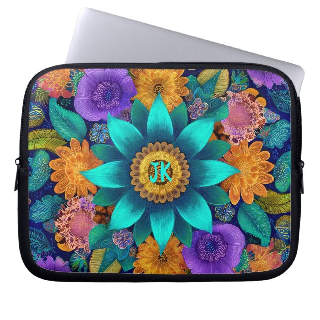 Boho Bloom Mandala, Turquoise, Floral   Laptop Fodral (Framsidan)