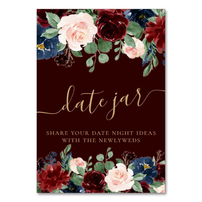 Boho Bloom | Mörk Burgundy and Navy Blue Date Burk Bordsnummer (Framsidan)