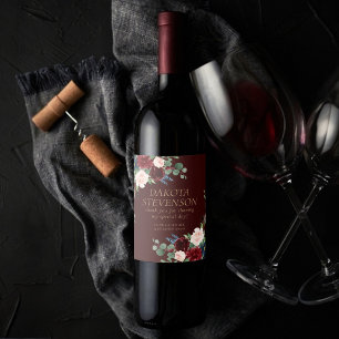 Boho Bloom Mörk Burgundy och marinblå Tack Vinflaska Etikett