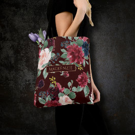 Boho Bloom | Mörk Burgundy  och marinmonogram Tygkasse