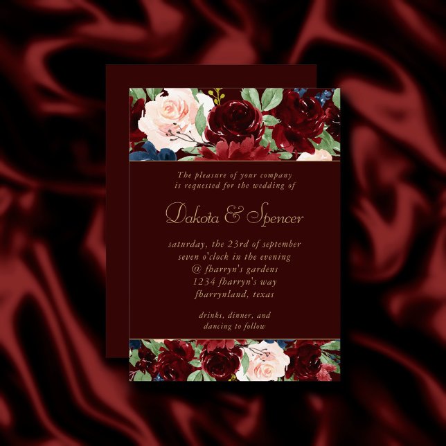 Boho Bloom | Mörk Elegant Burgundy Red and Navy Inbjudningar (Skapare uppladdad)