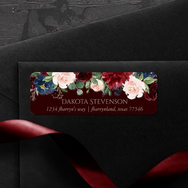 Boho Bloom | Mörk Elegant Red and Navy Adress Returadress Etikett (Skapare uppladdad)