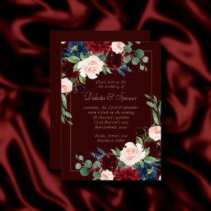 Boho Bloom Mörk Elegant Röda och Ro Inbjudningar