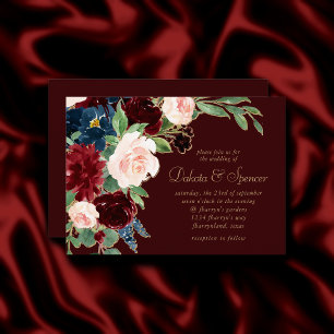 Boho Bloom Mörk Elegant Röda och Ro Inbjudningar