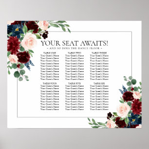 Boho Bloom Sätesdiagram för burgundy och marin 6 Poster