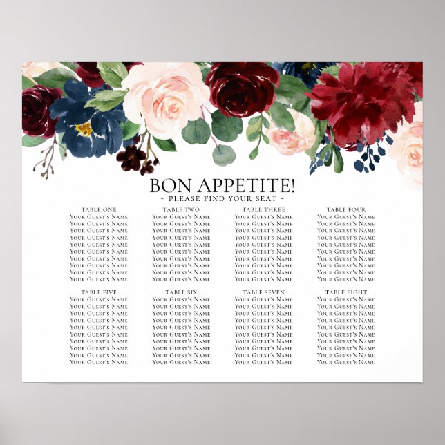 Boho Bloom | Sätesdiagram för burgundy och marin 8 Poster (Framsidan)