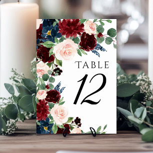Boho Bloom Vinröd och marinblå krans Bordsnummer