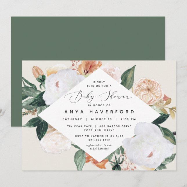 Boho Blooms | Elegant Blommigt Baby Shower Inbjudningar (Fram/baksida)