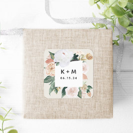 Boho Blooms Modern Blommigt Bröllop Monogram Fyrkantigt Klistermärke