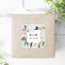 Boho Blooms Modern Blommigt Bröllop Monogram Fyrkantigt Klistermärke